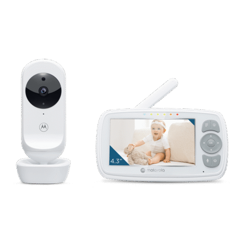 motorola | video baby monitor | vm34 4.3" | 4.3" diagonal color screen; lullabies; two way talk; room temperature monitoring; infrared night vision; led sound level indicator; 2.4ghz fhss wireless technology for in home viewing; digital zoom; high sensitivity microphone; rechargeable parent unit;secure and private connection | white