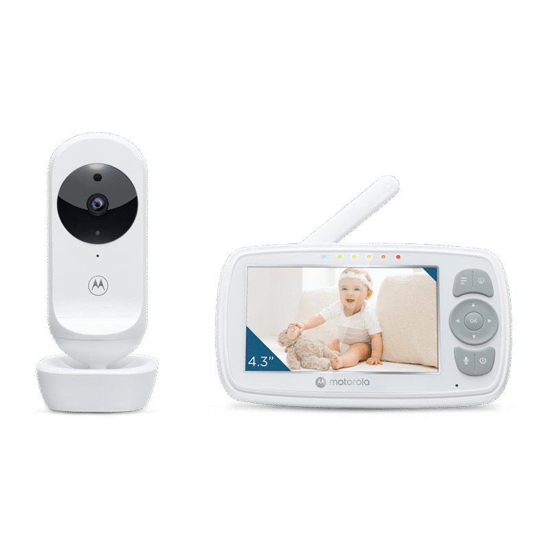 motorola | video baby monitor | vm34 4.3" | 4.3" diagonal color screen; lullabies; two way talk; room temperature monitoring; infrared night vision; led sound level indicator; 2.4ghz fhss wireless technology for in home viewing; digital zoom; high sensitivity microphone; rechargeable parent unit;secure and private connection | white