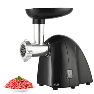 Adler | Meat mincer | AD 4811 | Black | 600 W | Number of speeds 1 | Throughput (kg/min) 1.8 | 3 replaceable sieves: 3mm for grinding poppies and preparing meat and vegetable stuffing; 5mm for meatballs, Roman roast and beef burgers; 7mm for coarsely ground sausages, offal sausages and pates; Charging tray; Pusher