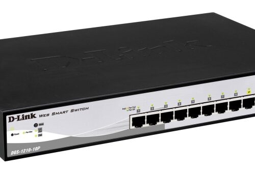 D-LINK DGS-1210-10P, Gigabit Smart III Switch with 8 10/100/1000Base-T PoE ports and 2 combo 1000Base-T/MiniGBIC (SFP) ports, 802.3x Flow Control, Port Trunking, 802.1Q VLAN, 802.1p Priority Queues, Port mirroring, Jumbo Frame support, 802.1D STP, ACL, LLDP, Cable Diagnostics, Voice VLAN, CLI | D-Link | 24 month(s)
