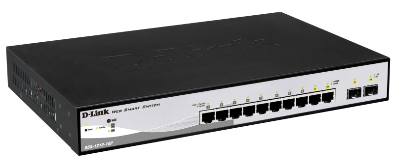D-LINK DGS-1210-10P, Gigabit Smart III Switch with 8 10/100/1000Base-T PoE ports and 2 combo 1000Base-T/MiniGBIC (SFP) ports, 802.3x Flow Control, Port Trunking, 802.1Q VLAN, 802.1p Priority Queues, Port mirroring, Jumbo Frame support, 802.1D STP, ACL, LLDP, Cable Diagnostics, Voice VLAN, CLI | D-Link | 24 month(s)