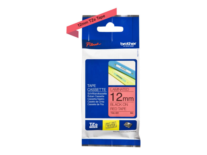 Brother | TZE-431 Laminated Tape | Black on Red | TZe | 8 m | 1.2 cm
