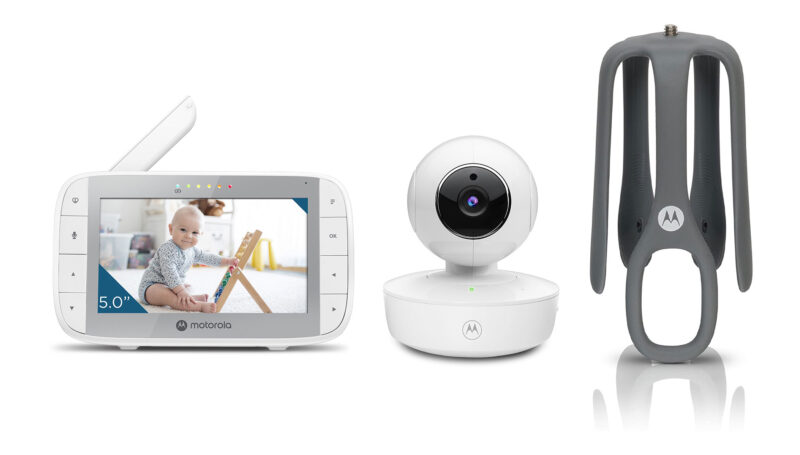 Motorola | Portable Video Baby Monitor with Flexible Crib Mount | VM55 5.0" | 5" LCD colour display with 480 x 272px resolution; 5 preloaded lullabies; Remote pan, tilt and zoom; Two-way talk; Room temperature monitoring; Infrared night vision; LED sound level indicator; 2.4GHz FHSS wireless technology for in-home viewing; High sensitivity microphone; Rechargeable parent unit; Secure and private connection | White